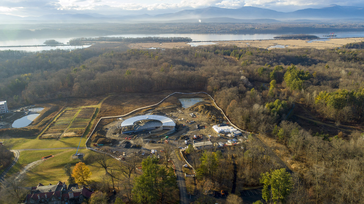 Aerial of construction on Bard College's rural campus