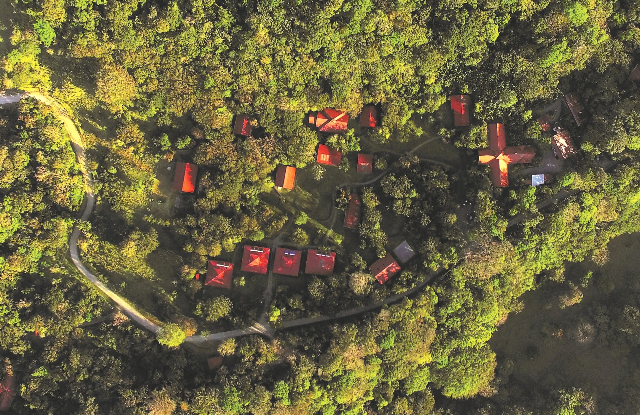 Aerial image of small red buildings in the forest