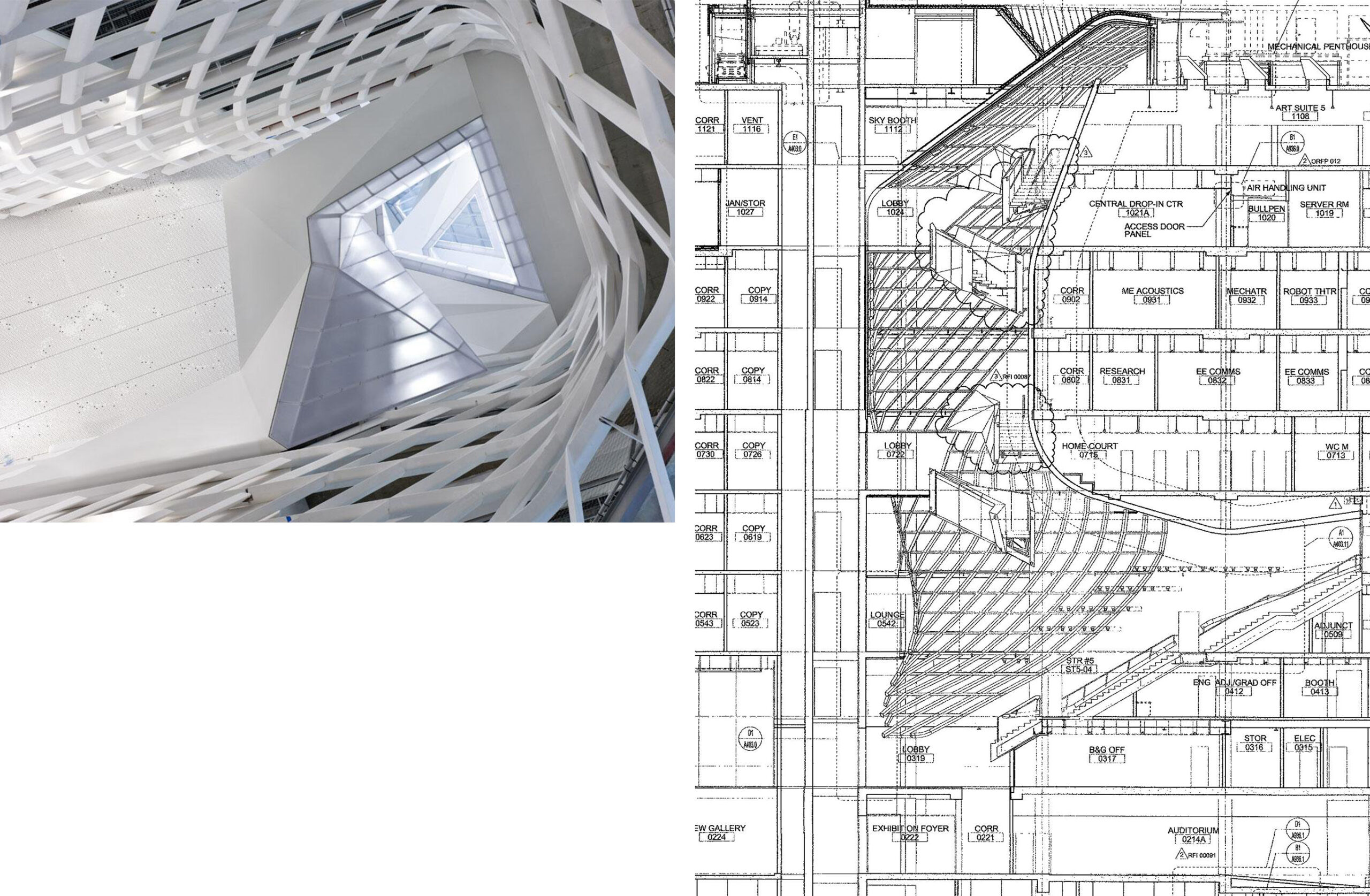 abstract image of white architectural atrium alongside the architectural section drawing of the atrium