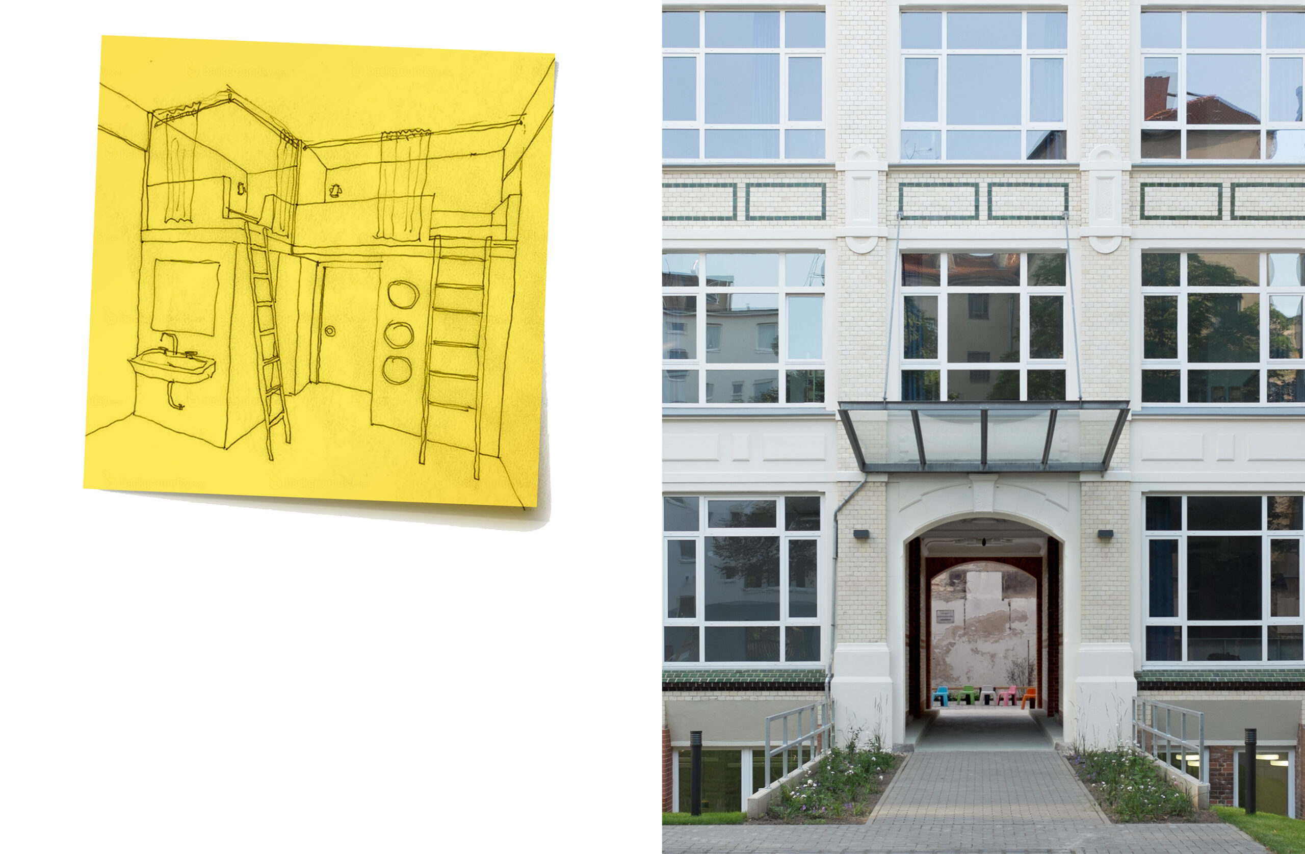 a post it note with a loft bed sketch alongside a photo of an historical building entrance