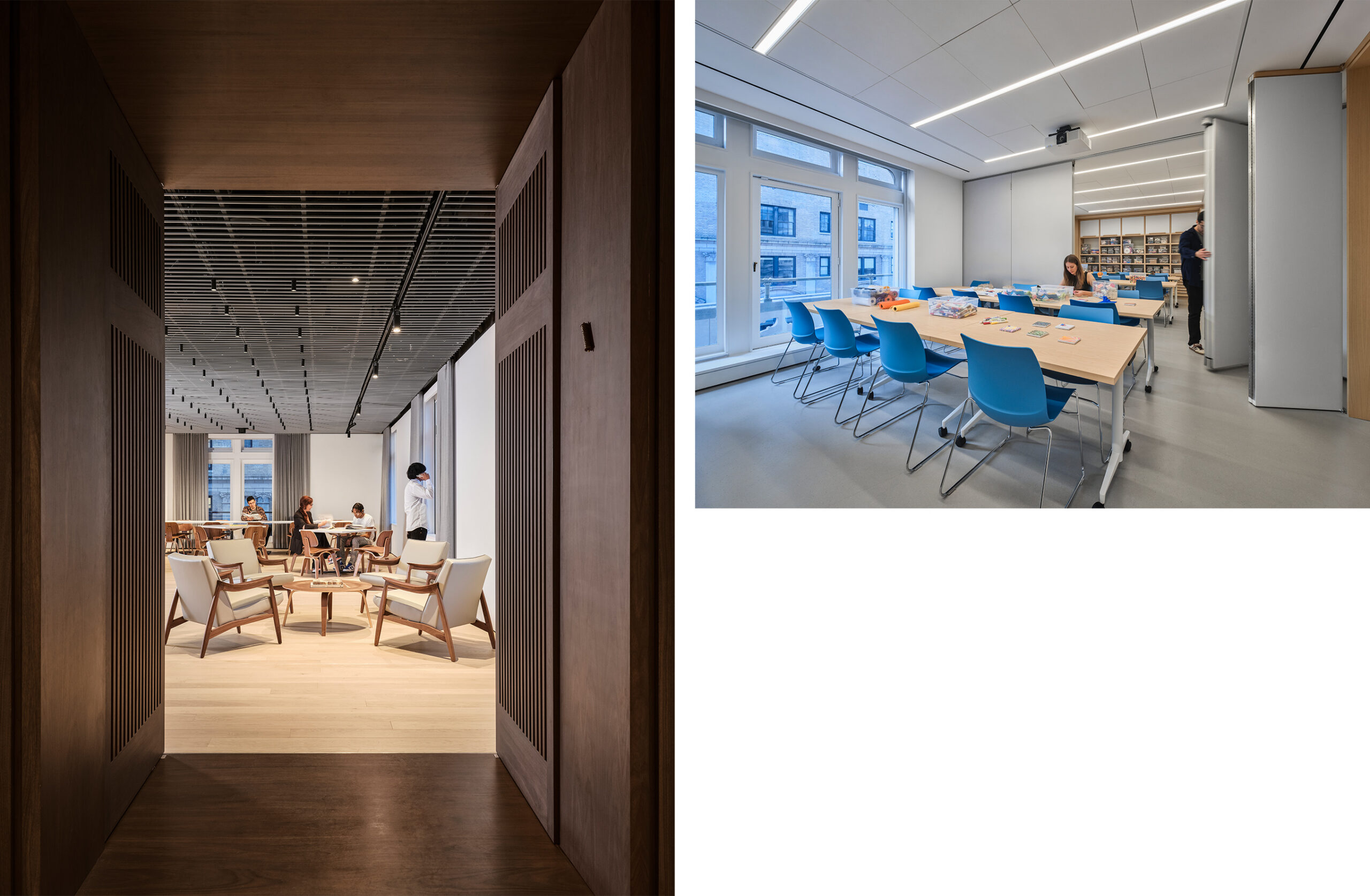 Two images; one of a dark wooden threshold between two museum rooms; the other a row of tables in an art room with a flexible partition in between