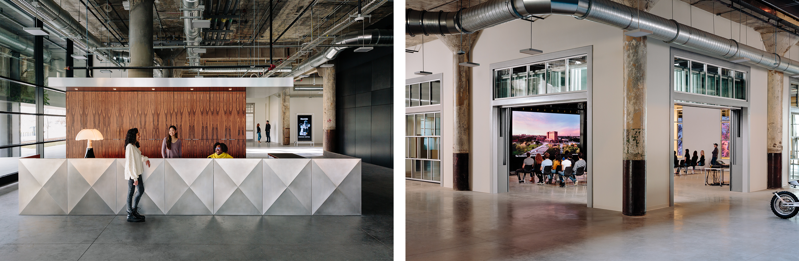 Two image side by side, a reception desk and an events space
