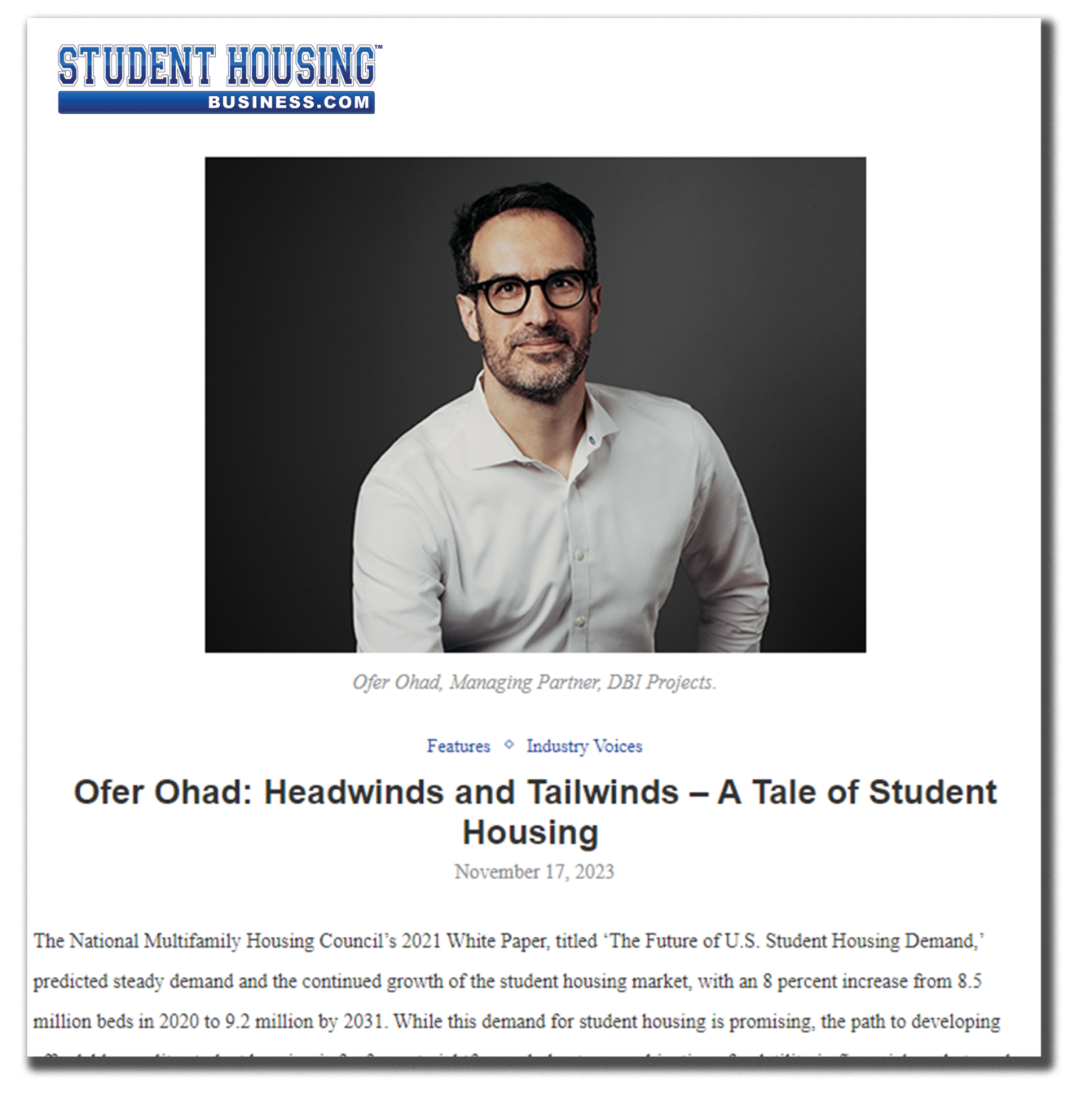Ofer Ohad Student Housing Business article clipping