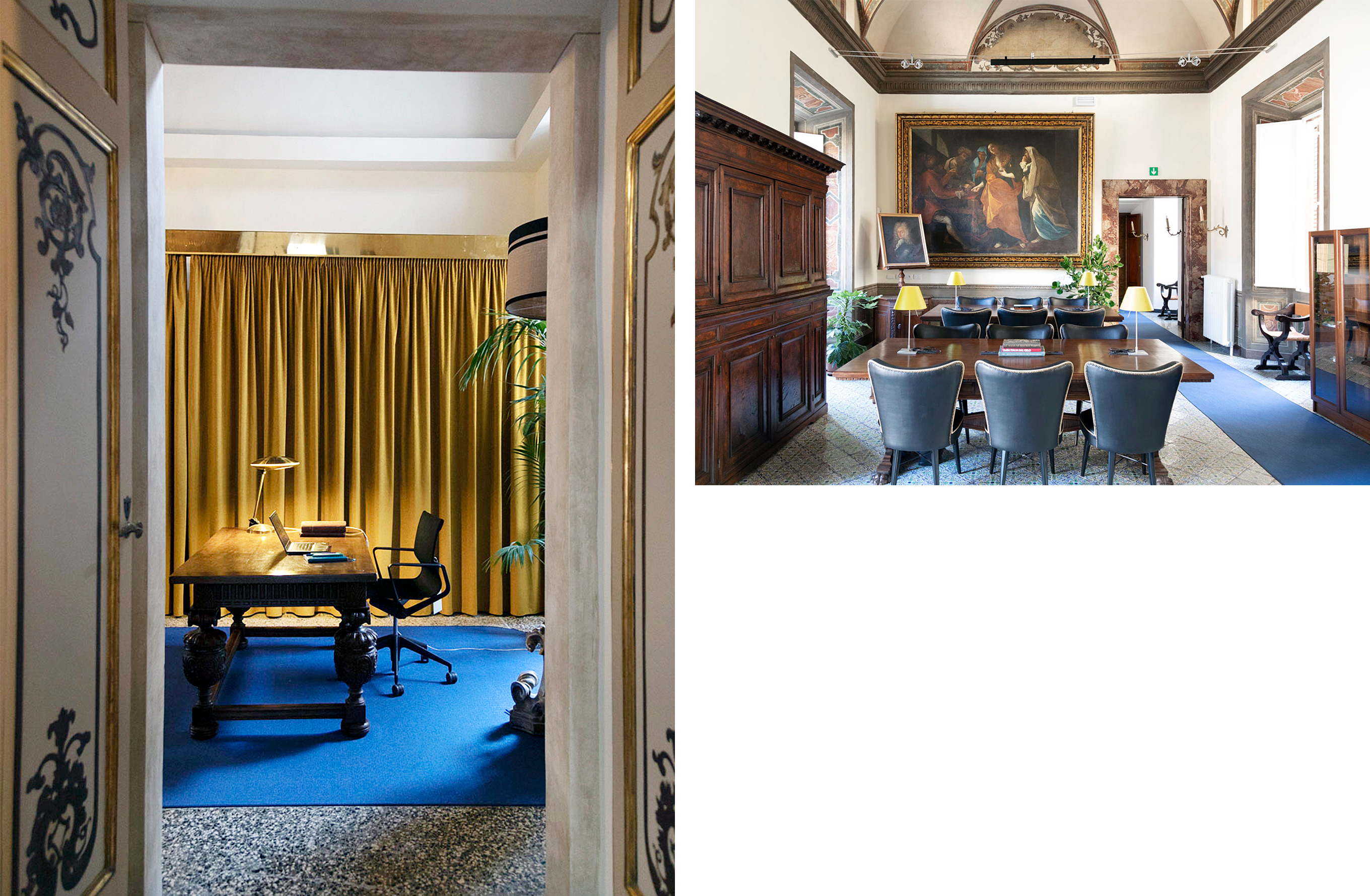 Two images side by side of a restored Roman palazzo