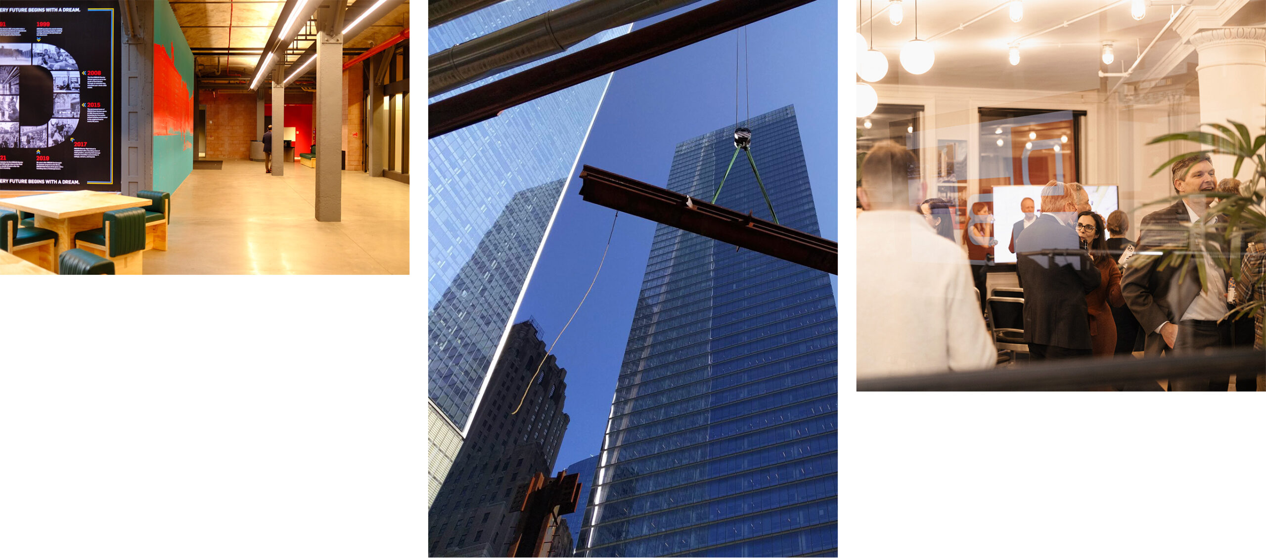 three images side by side; interior of a school, exterior of skyscrapers and group networking