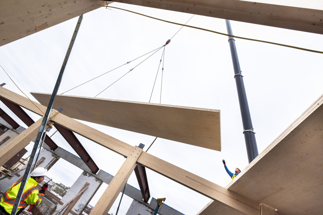 large piece of timber hanging from a crane