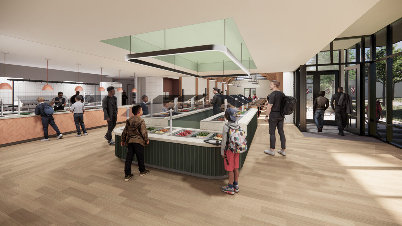 green servery with people standing around, black lined windows