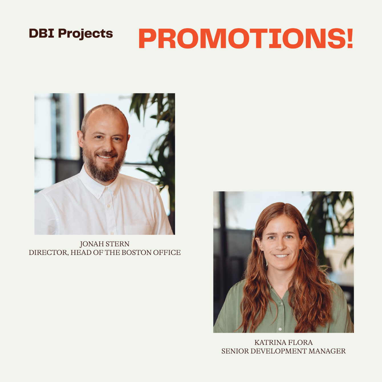 Graphic with two headshots of promoted employees