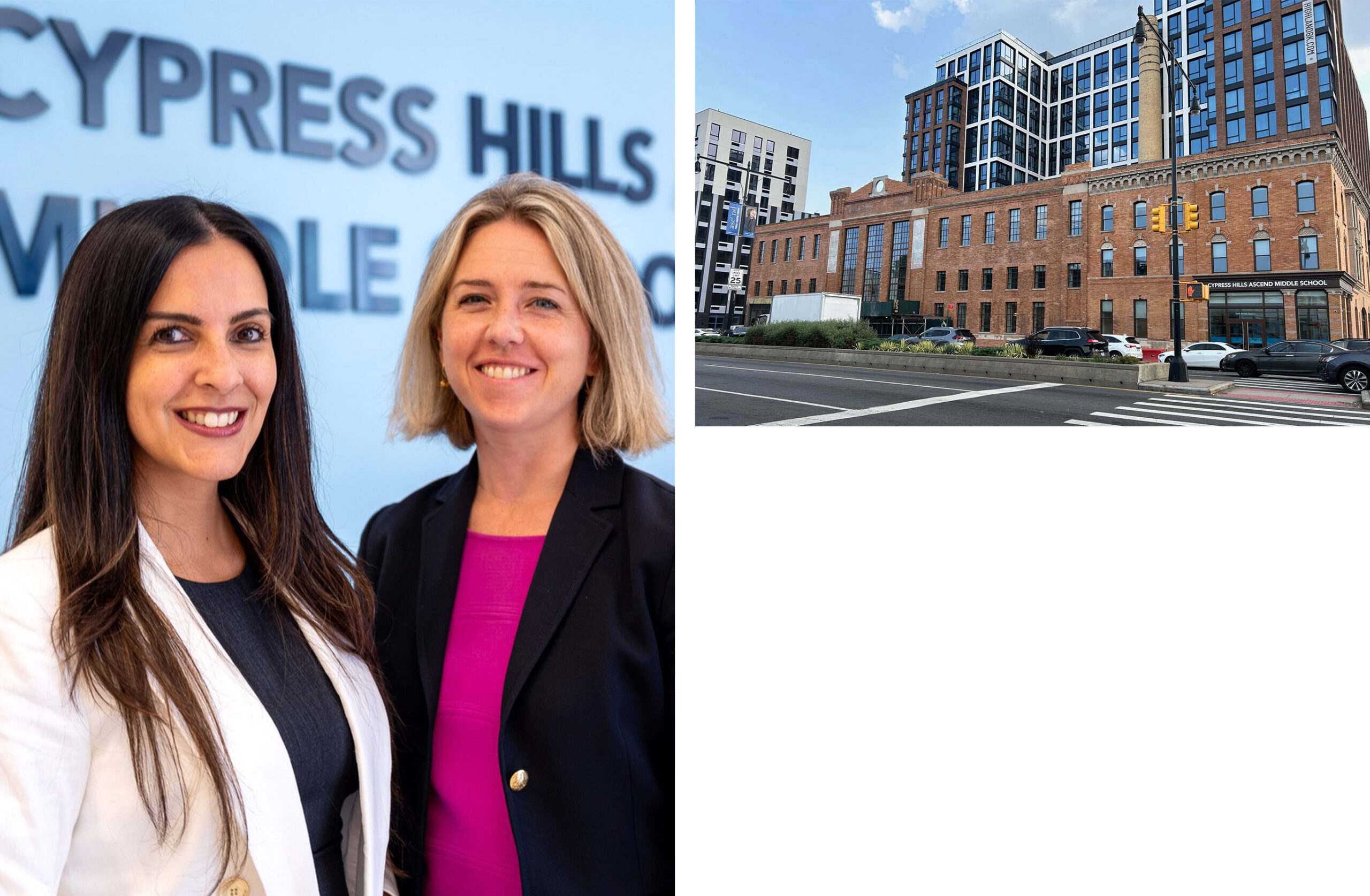 Two woman in a suit smiling next to a building in Brooklyn