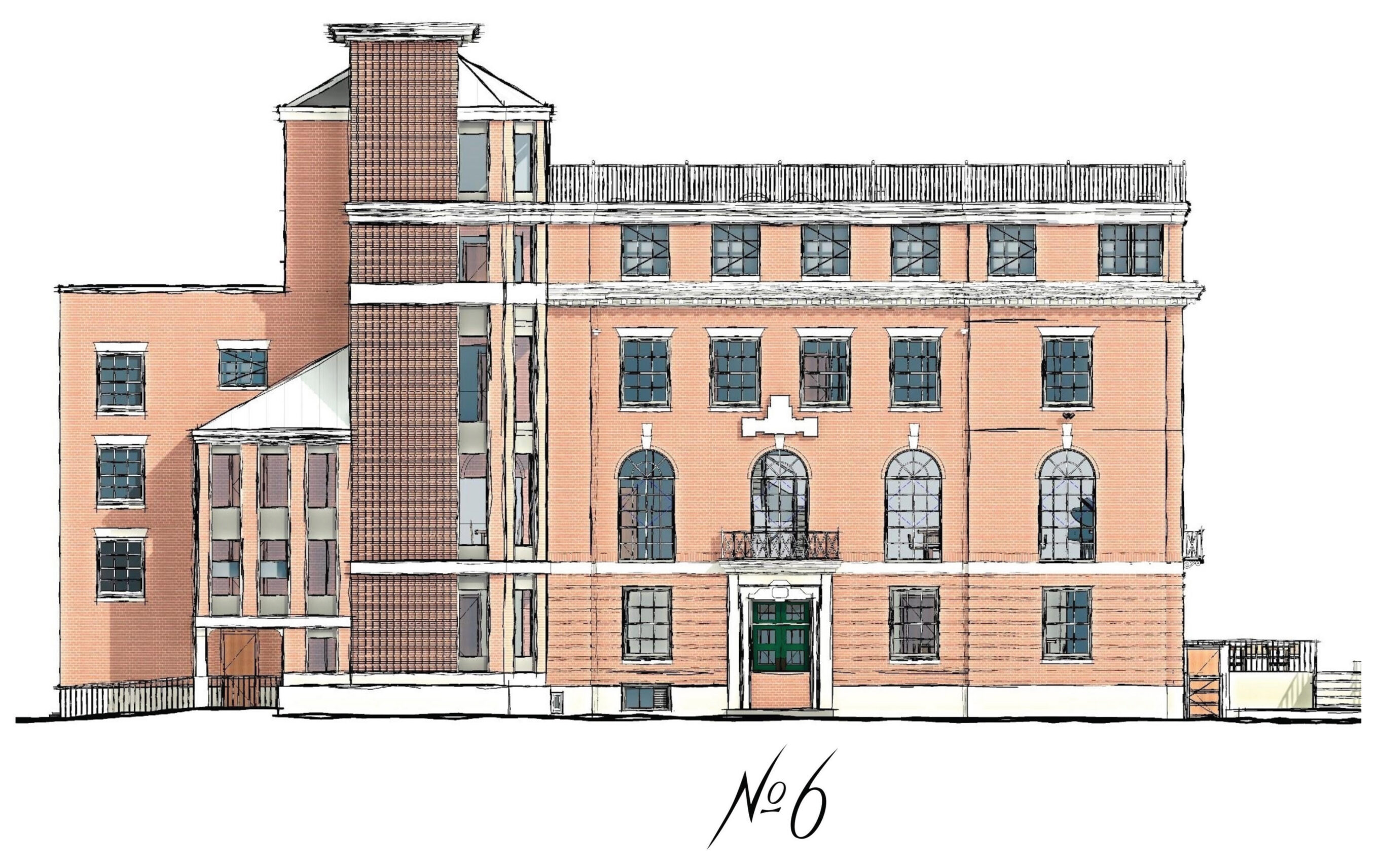 Sketch of brick campus dormitory