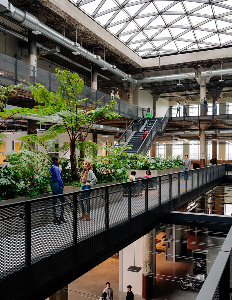 Plant-filled, multi-height atrium in office building with skylight above