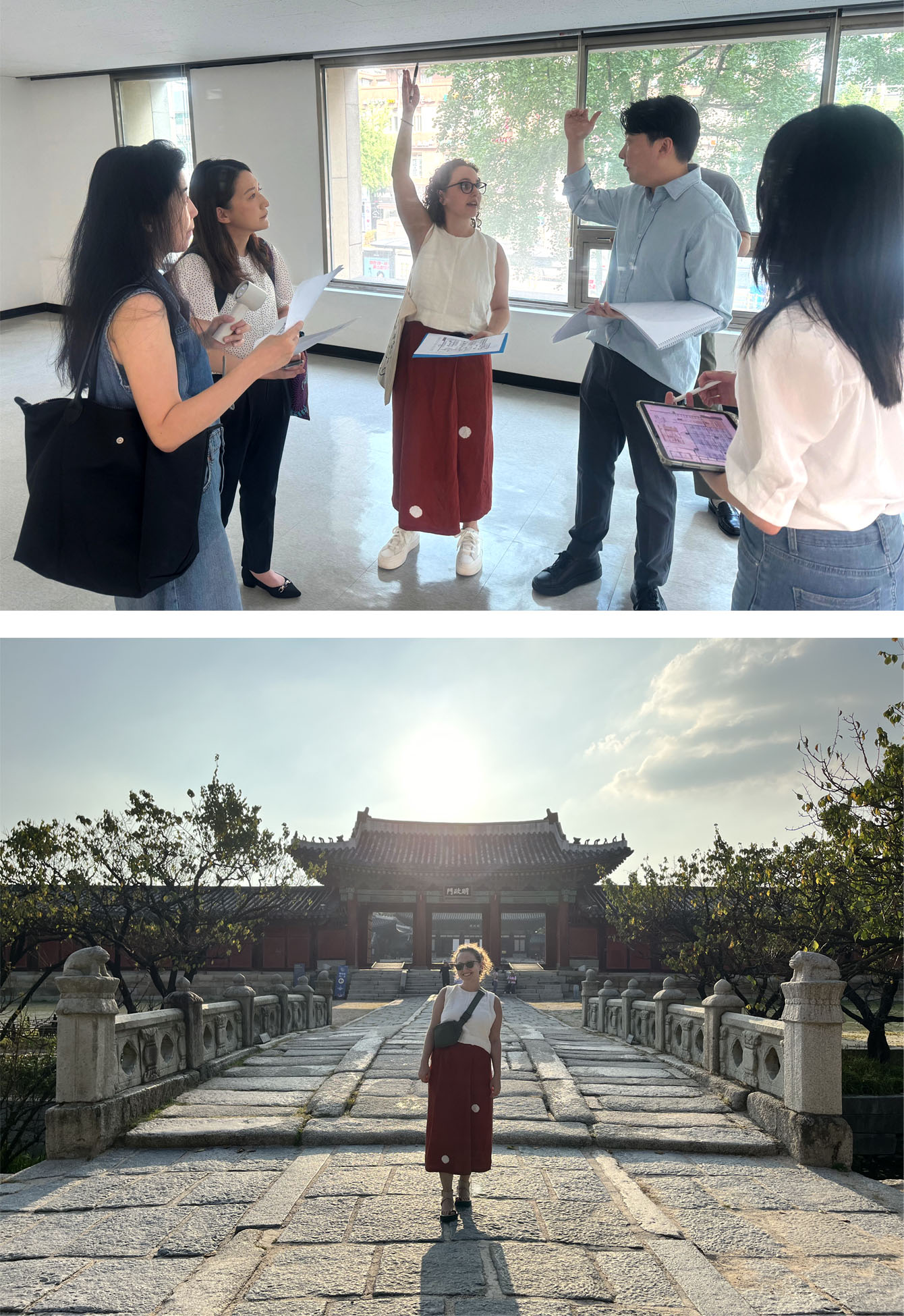 Top image of DBI Project Manager Sarah Braginsky meeting with CIEE clients in a room. Bottom image of DBI Project Manager Sarah Braginsky with a building in the background