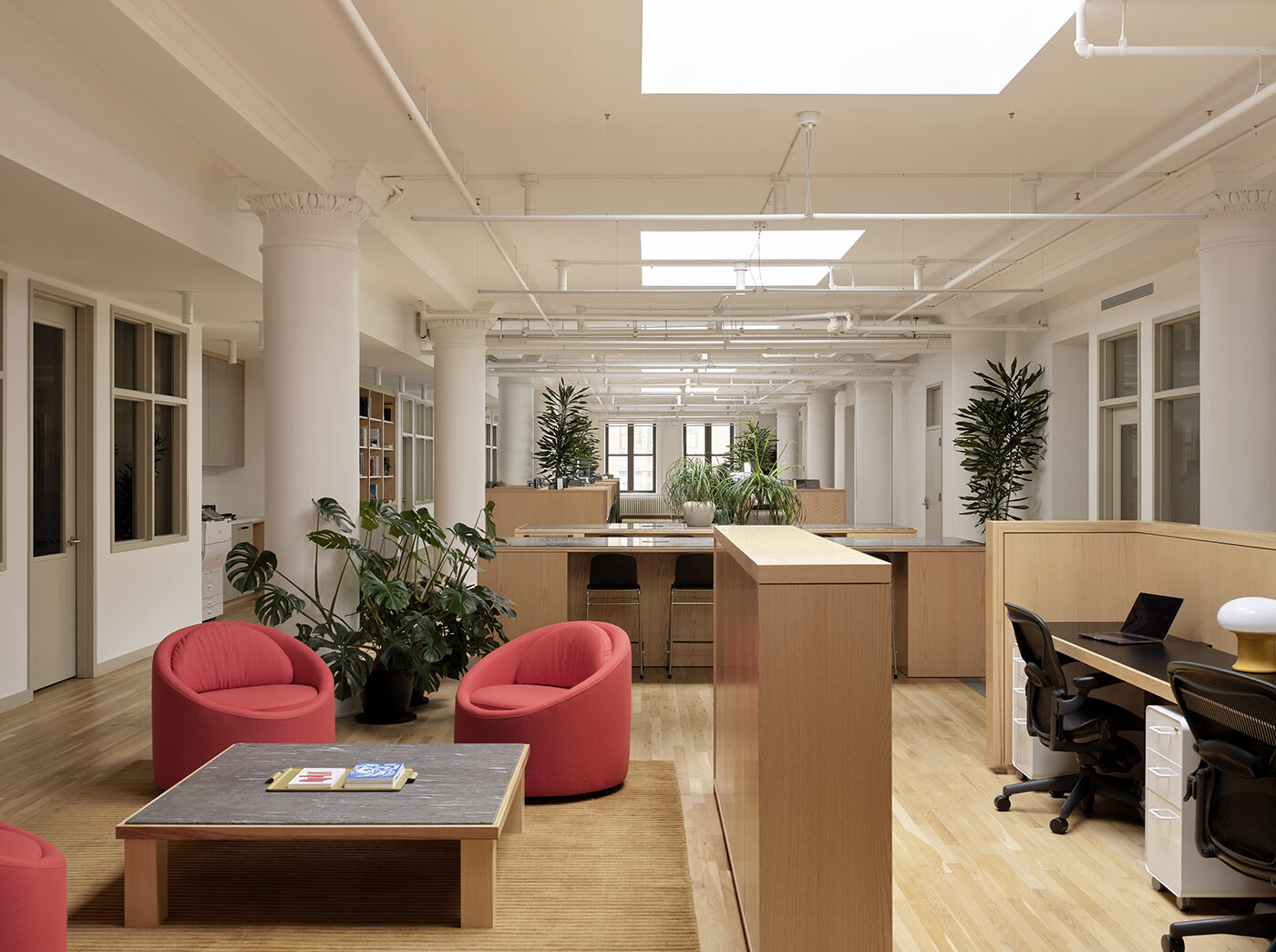 Bright office with skylights and red chairs