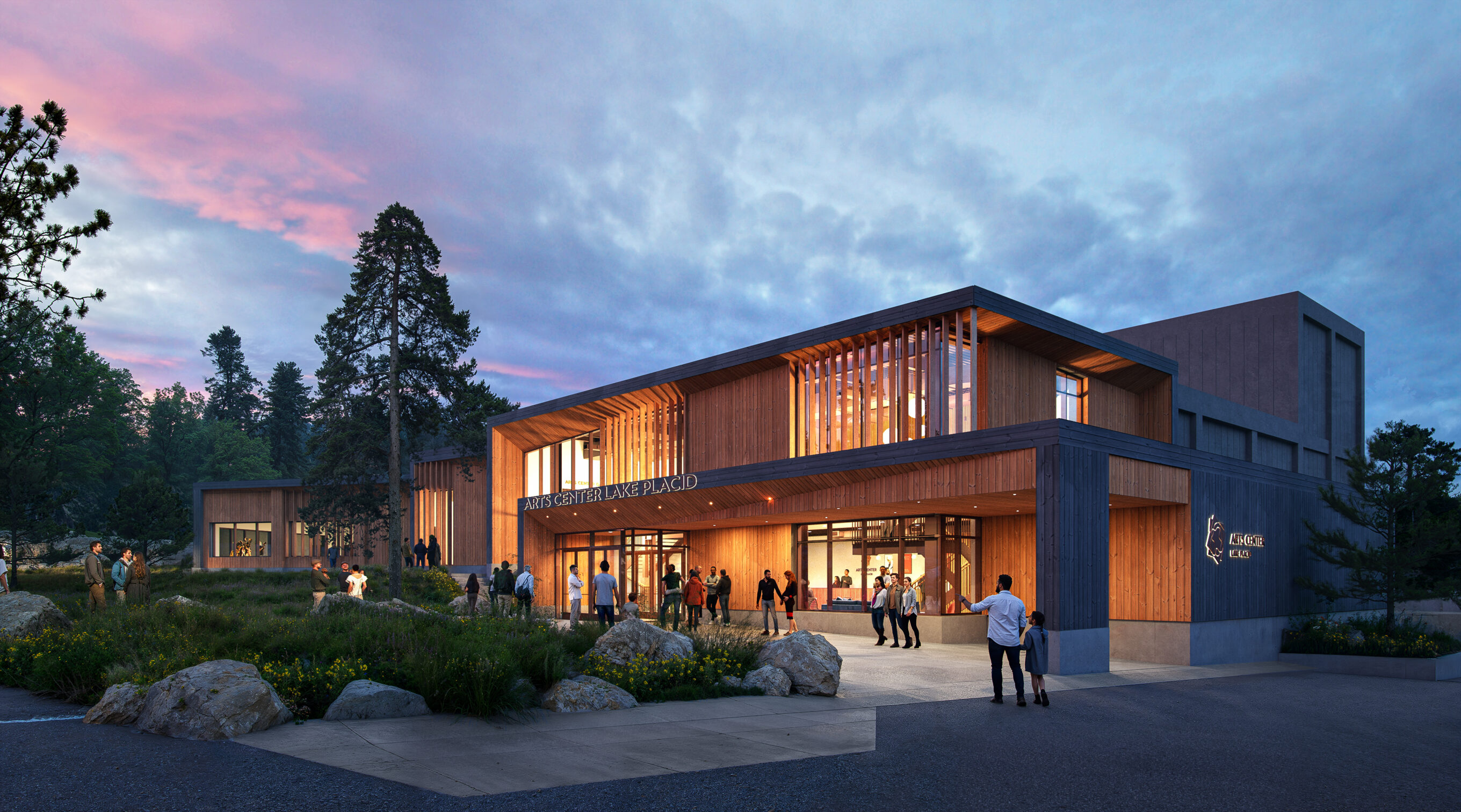 Rendering of wooden building at dusk